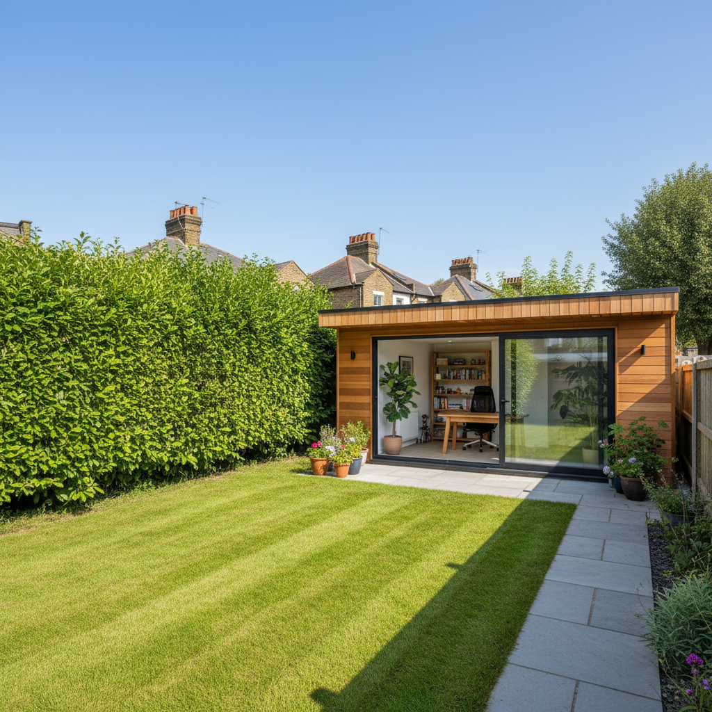Completed garden studio home office in South West London